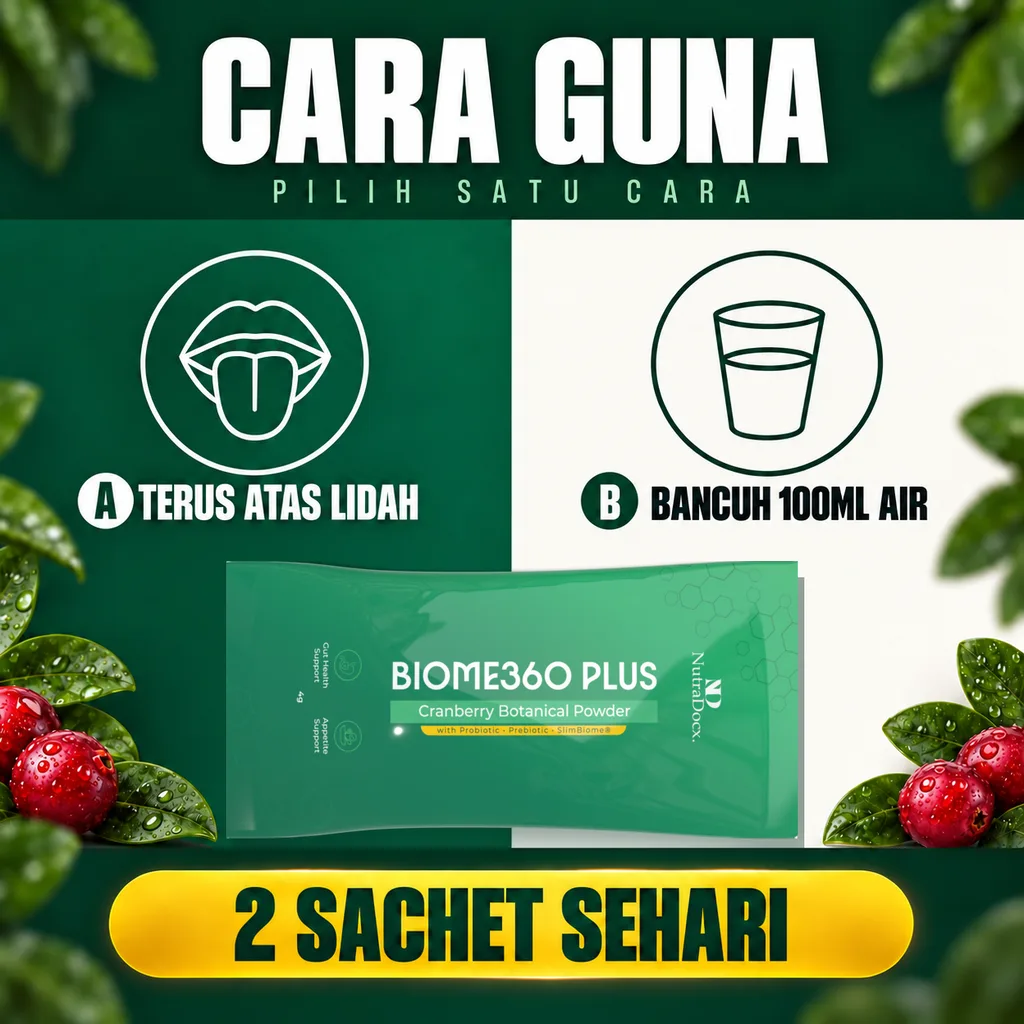 Poster cara guna BIOME360 PLUS: cara 1 terus atas lidah, cara 2 bancuh 100ml air, 2 sachet sehari