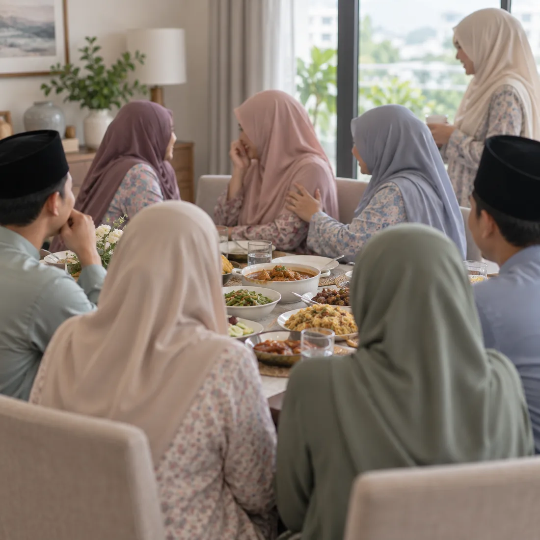 Perjumpaan keluarga di meja makan, seorang wanita bertudung sedang dipuji