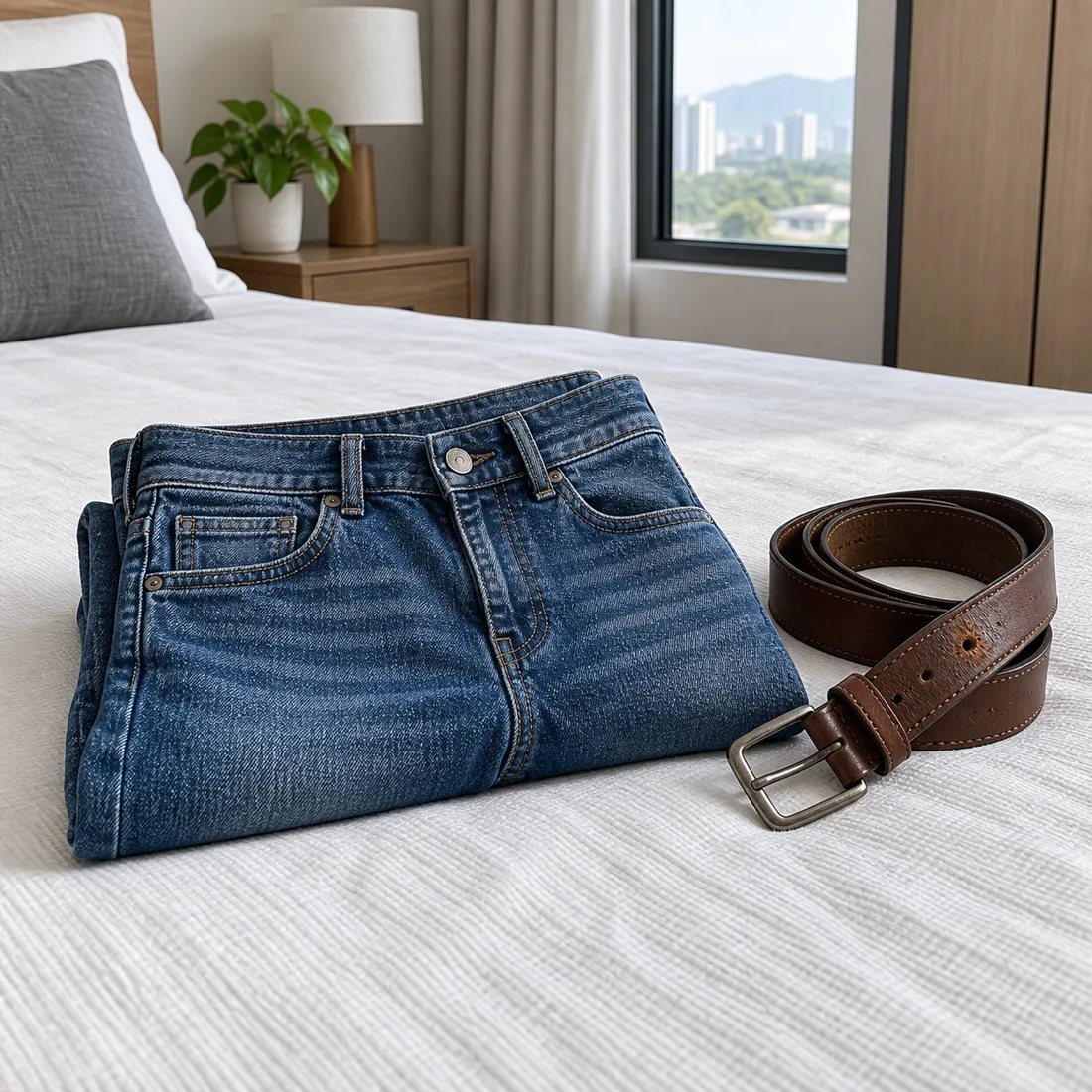Seluar jeans terlipat atas katil, butang dan zip tertutup rapat, tali pinggang di sebelah