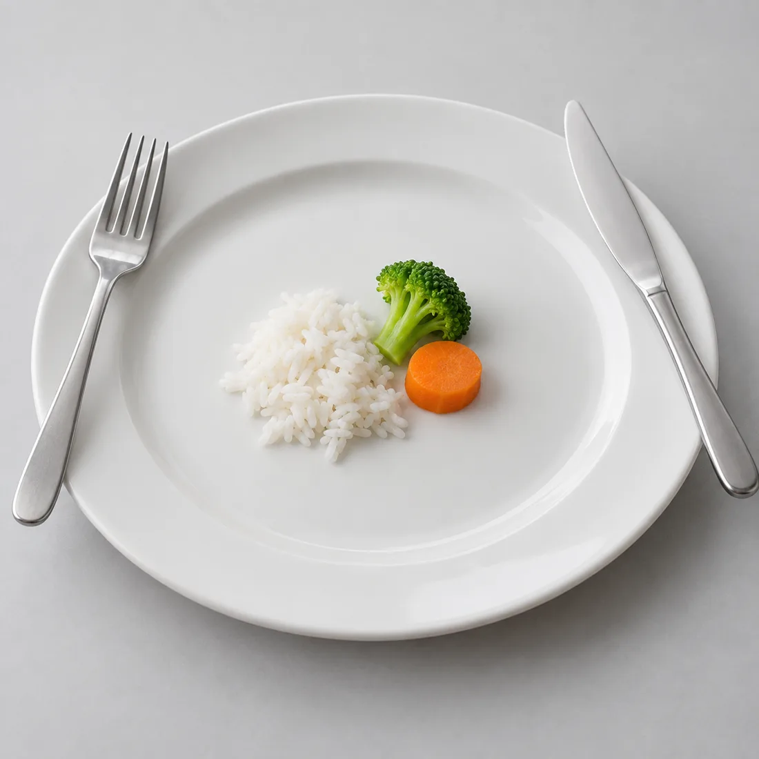 Pinggan besar dengan nasi sesuduk kecil dan dua ulas sayur