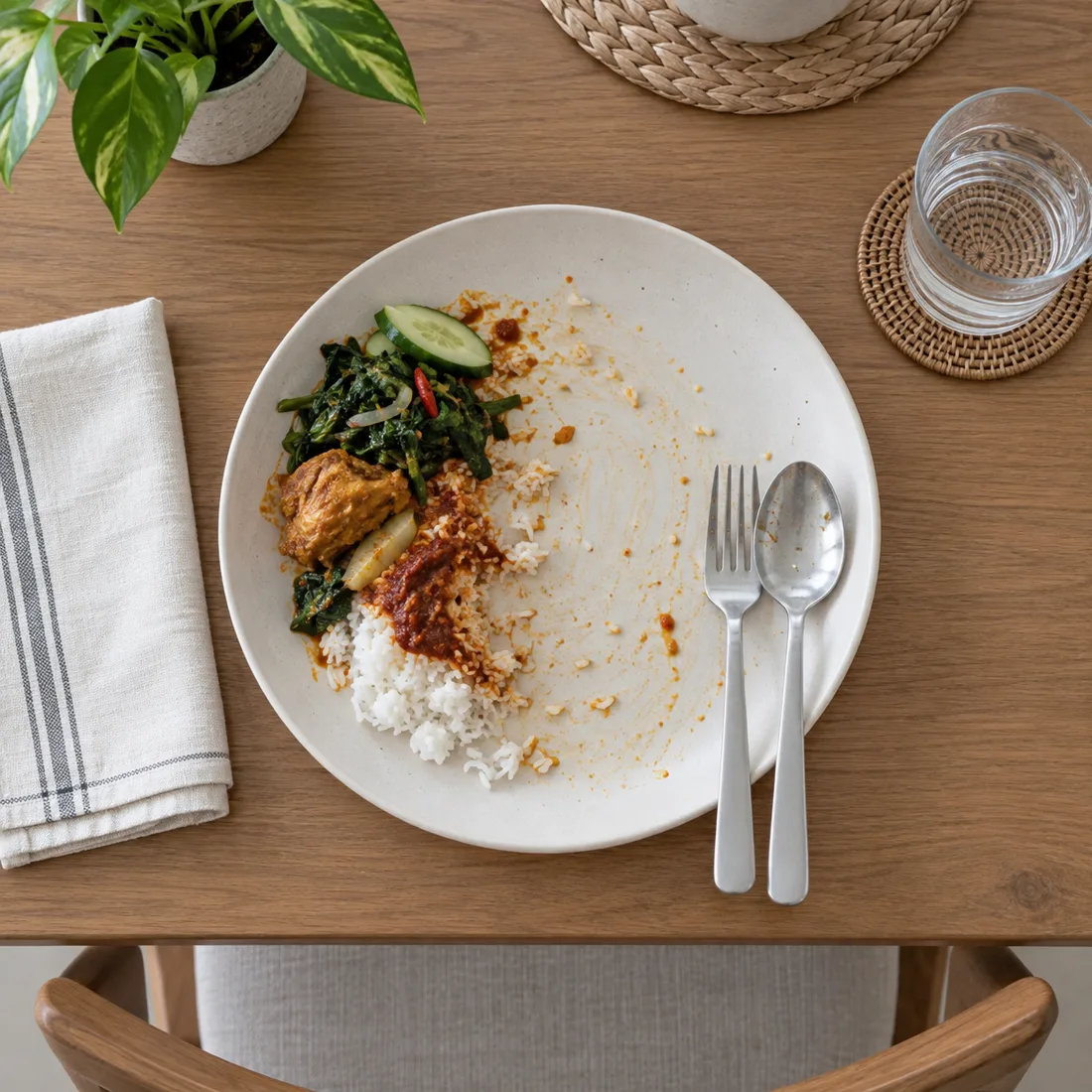 Pandangan atas meja makan, pinggan jelas tinggal separuh, sudu garpu diletak rapat tepi pinggan
