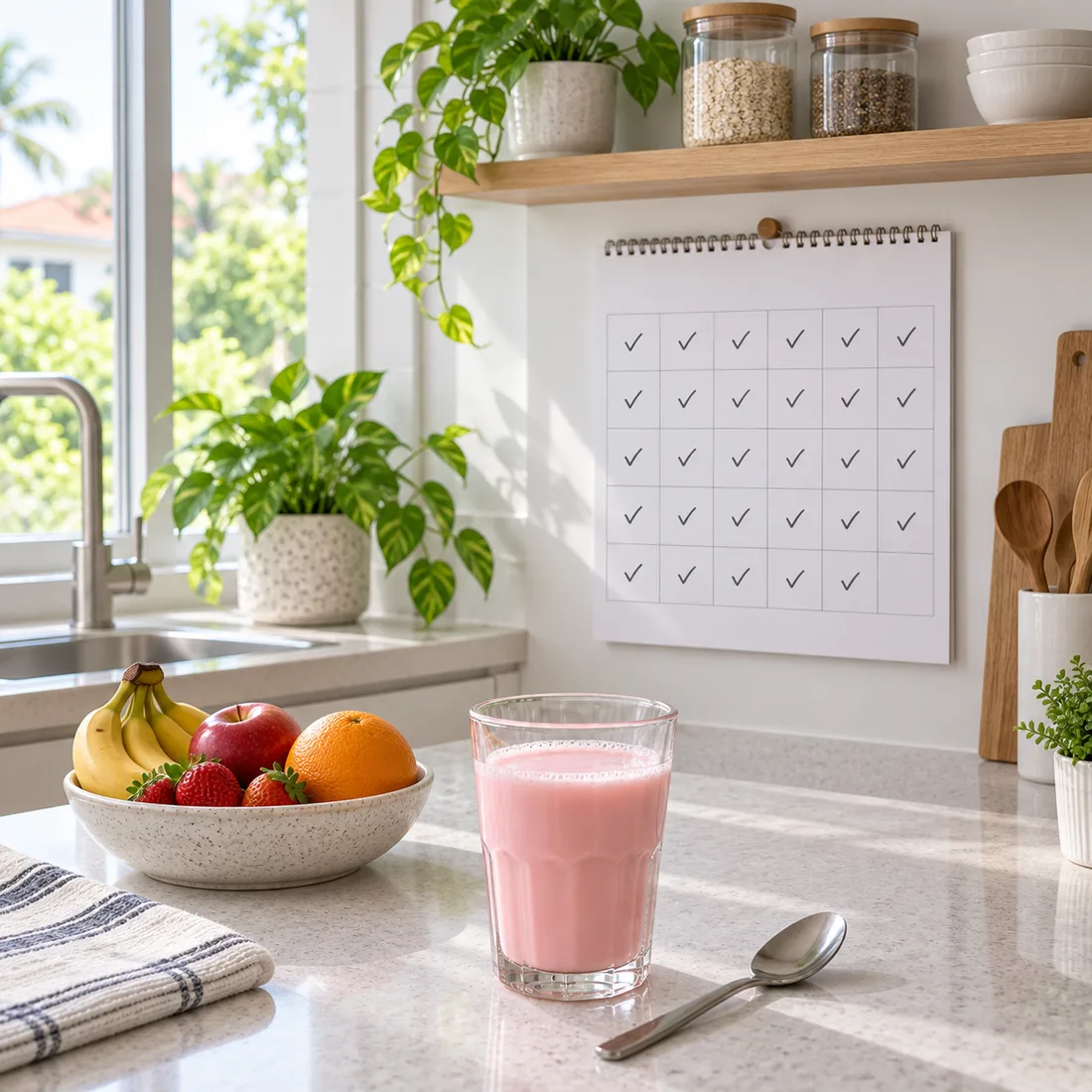 Kalendar dinding dengan tanda tik hampir tiap hari, segelas air merah jambu di kaunter dapur