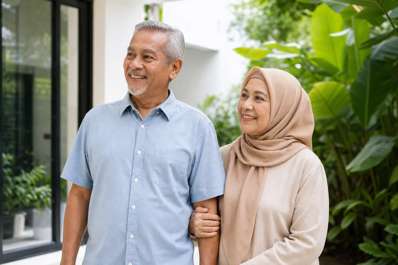 Pasangan warga emas Melayu, lelaki berbaju biru dan isteri bertudung, berjalan bersama di halaman rumah