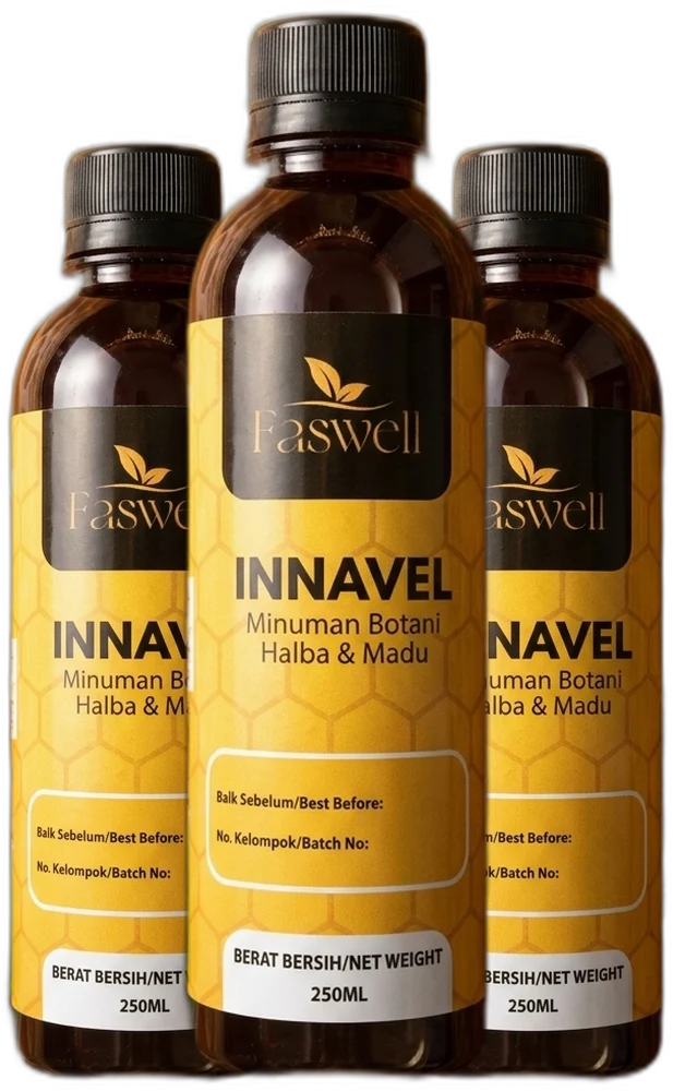 Tiga botol Jus Innavel 250ml berdiri bersama, botol amber dengan penutup hitam dan label honeycomb kuning
