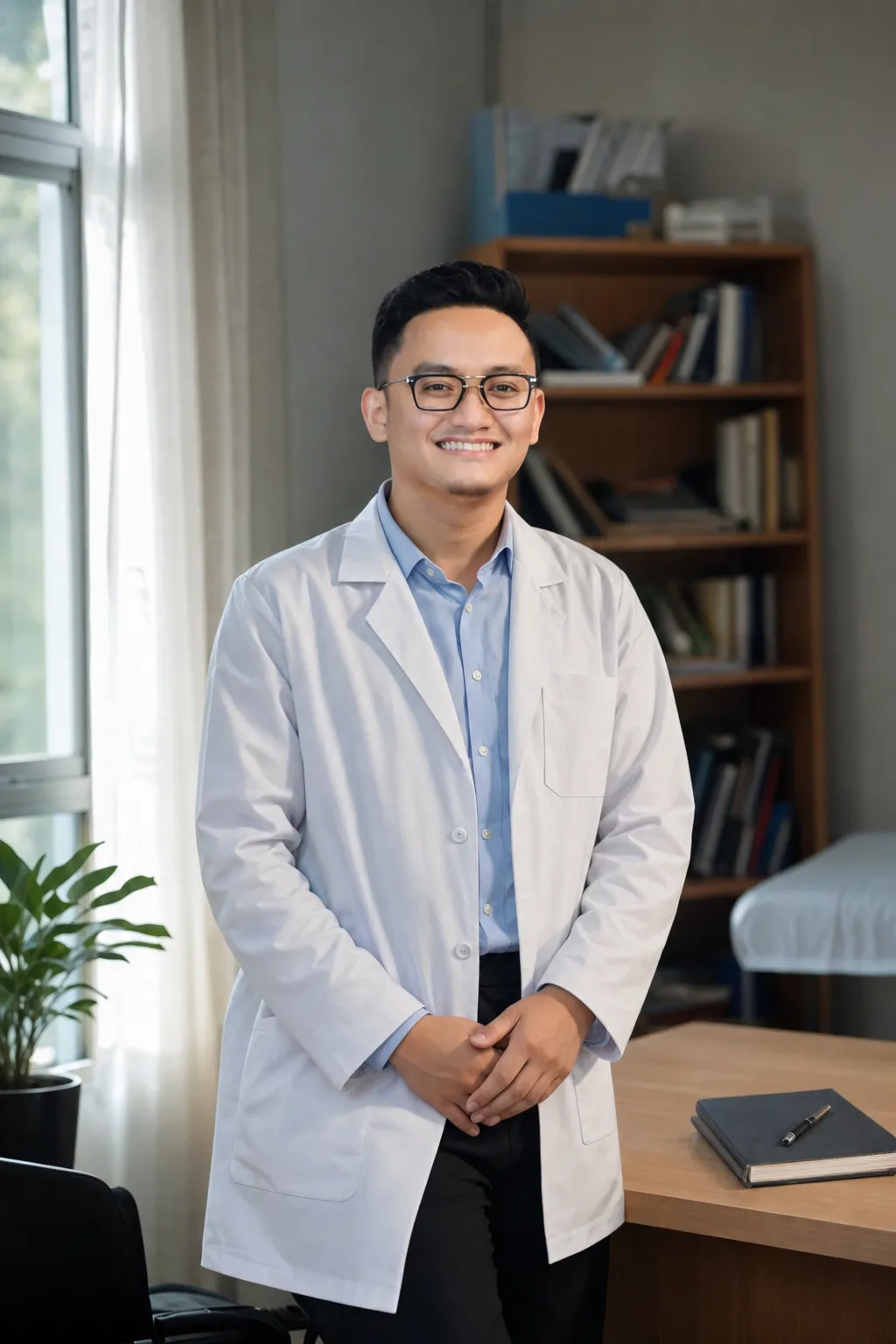 Dr Salehin, pengasas Faswell, berkot makmal putih di ruang konsultasi klinik