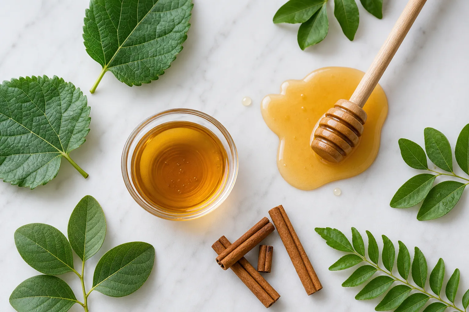 Flatlay botani atas marmar putih: mangkuk madu, sudu madu kayu, batang kayu manis dan daun hijau segar