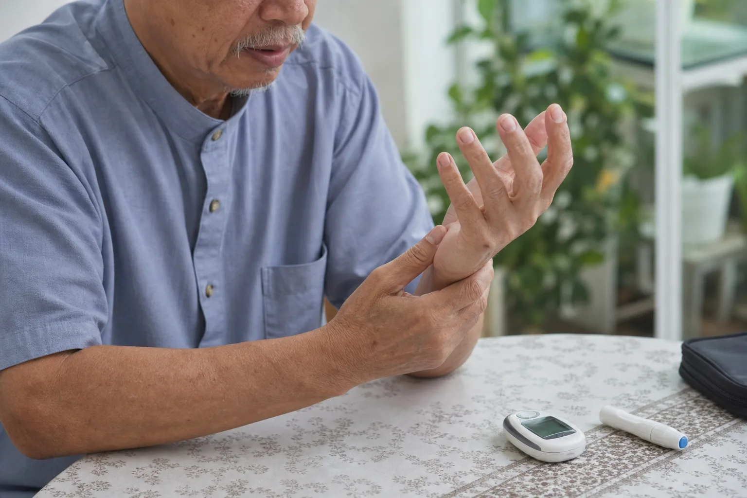 Lelaki warga emas duduk di meja, memicit pergelangan tangan yang kebas, glucometer dan alat cucuk jari terletak di sebelahnya