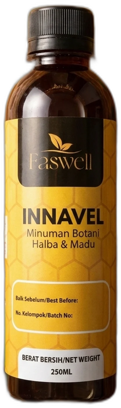 Botol Jus Innavel 250ml, botol PET amber dengan penutup hitam dan label honeycomb kuning bertulis Minuman Botani Halba dan Madu
