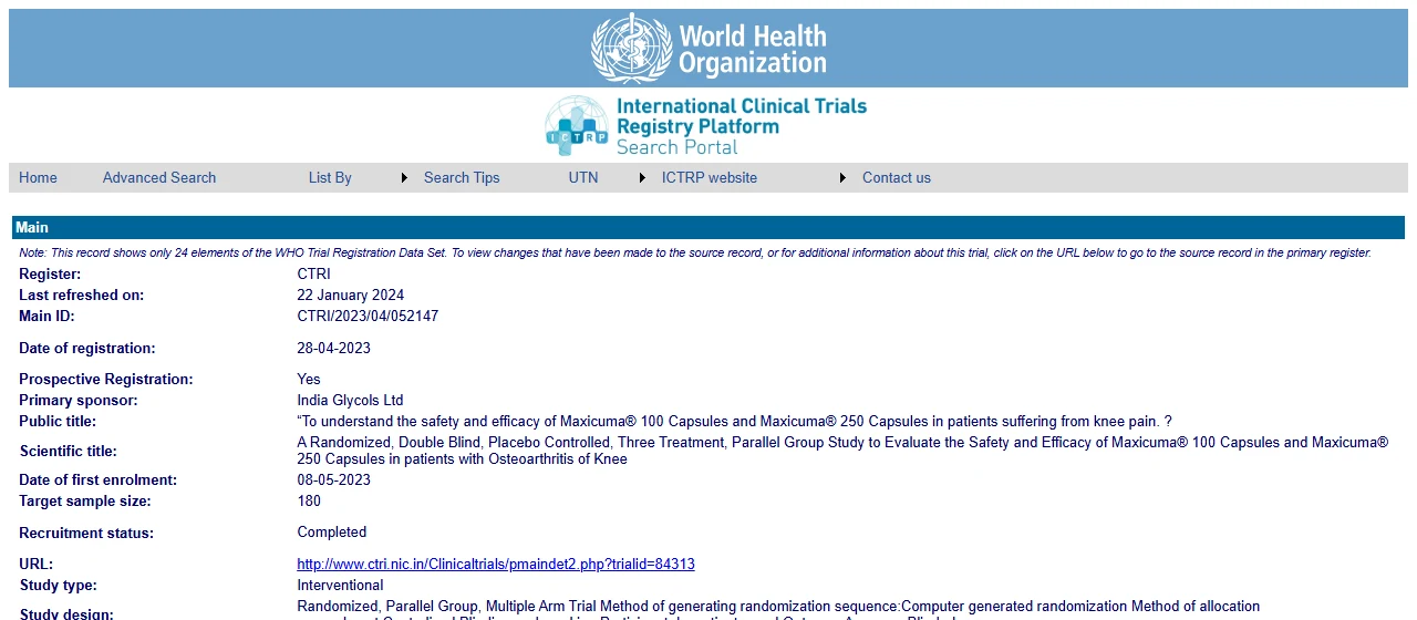 Rekod pendaftaran kajian klinikal Maxicuma di portal WHO