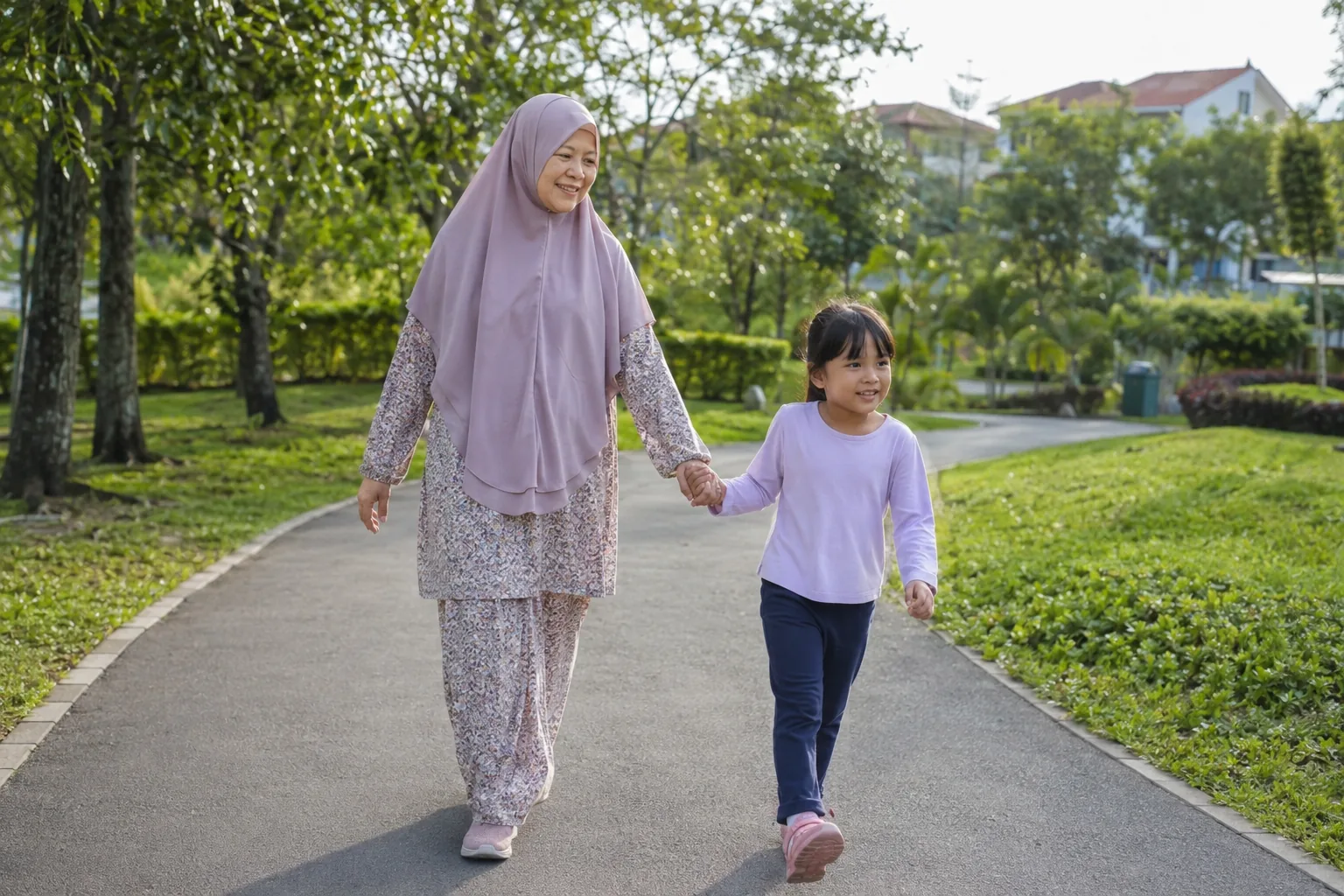 Berjalan di taman sambil pegang tangan cucu