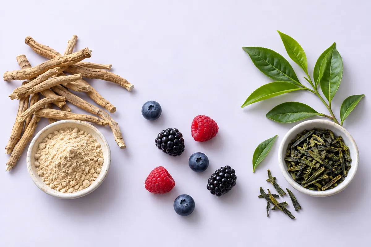 Akar ashwagandha, daun teh hijau dan buah beri