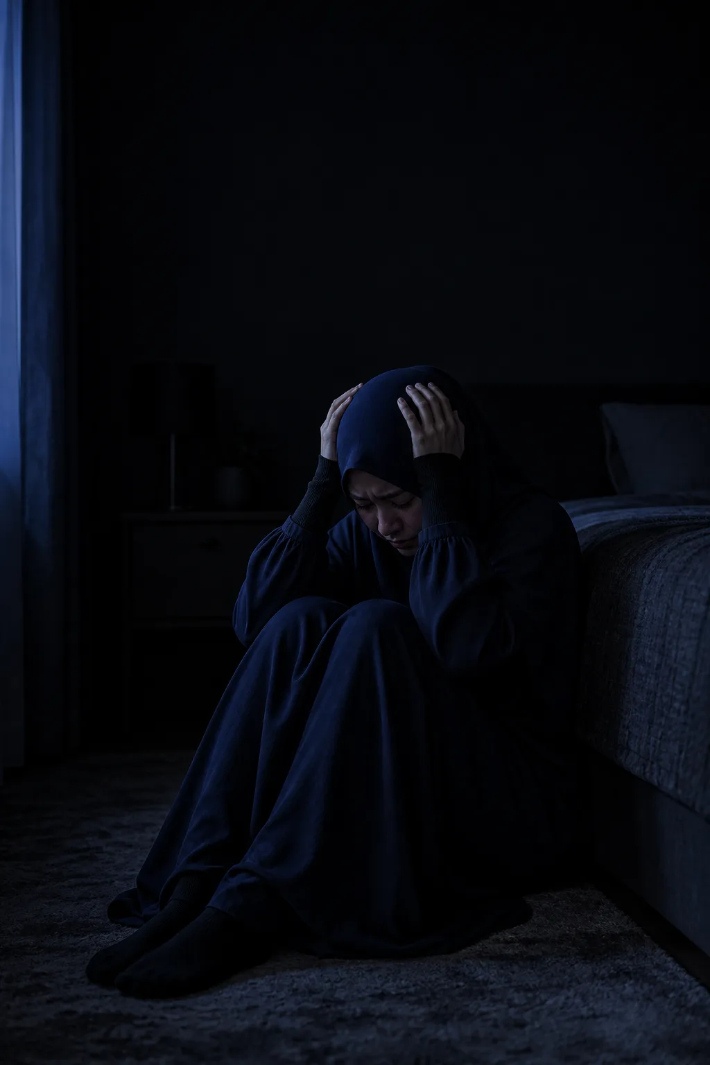 Perempuan bertudung duduk di lantai bilik gelap, pegang kepala, fikiran serabut