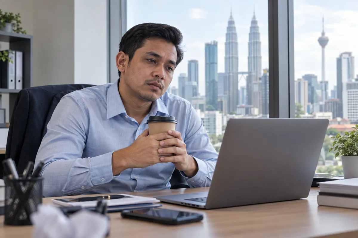Lelaki penat di meja pejabat pegang kopi pukul 4 petang