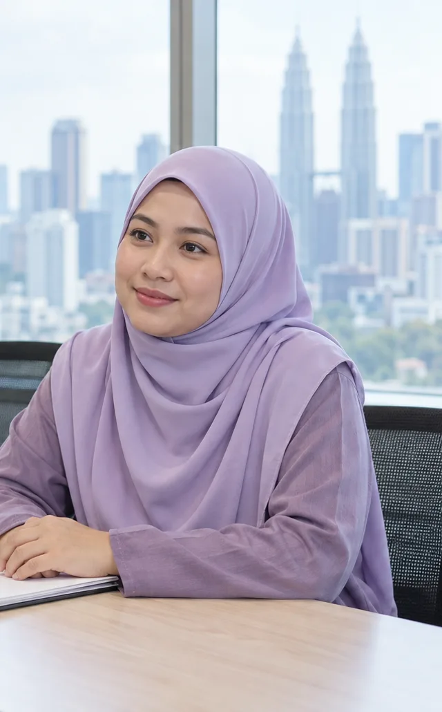 Perempuan bertudung tenang dalam bilik meeting