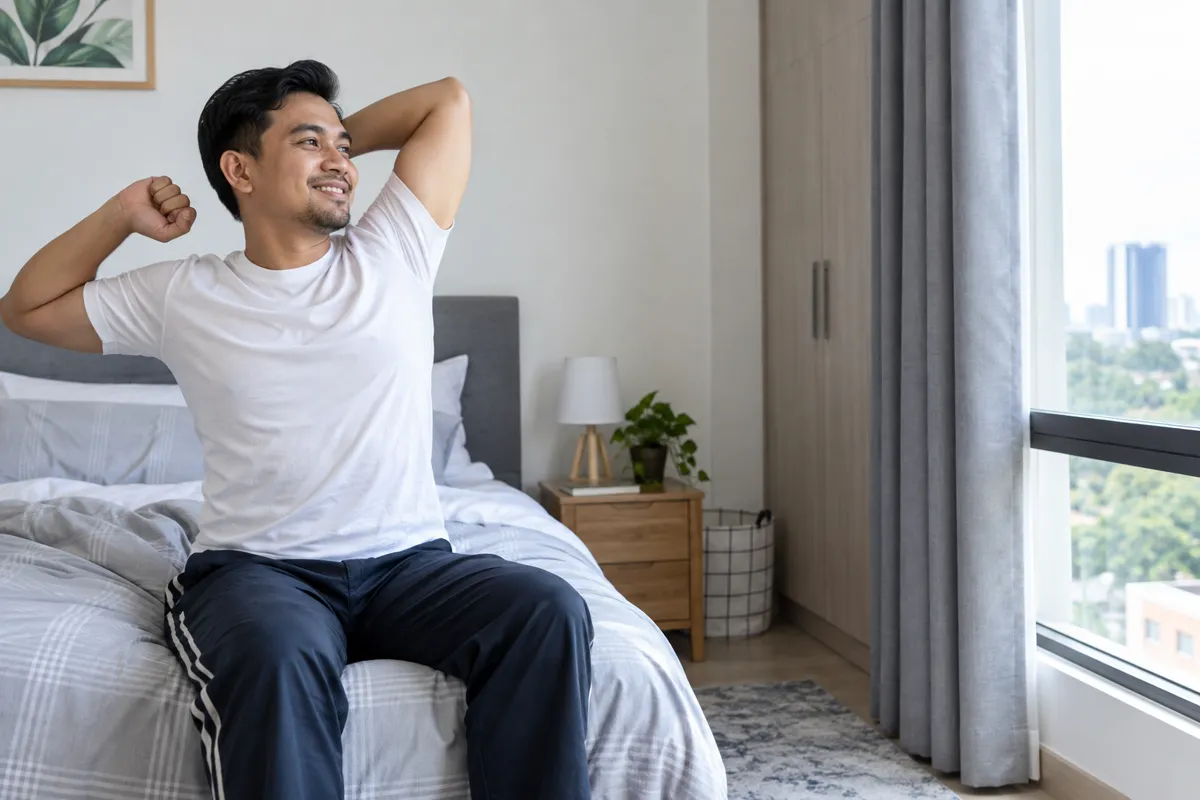 Lelaki duduk tepi katil, bangun pagi dengan segar