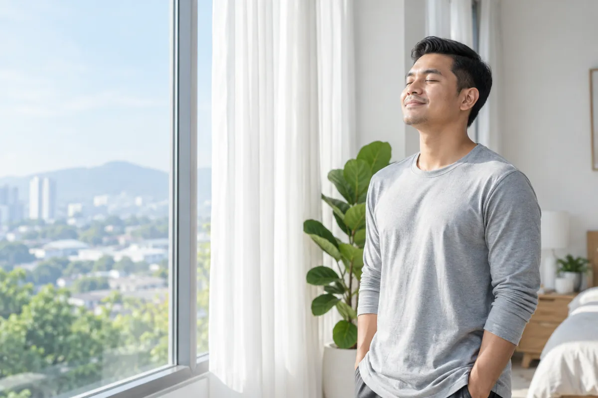 Lelaki berdiri tenang tepi tingkap waktu pagi