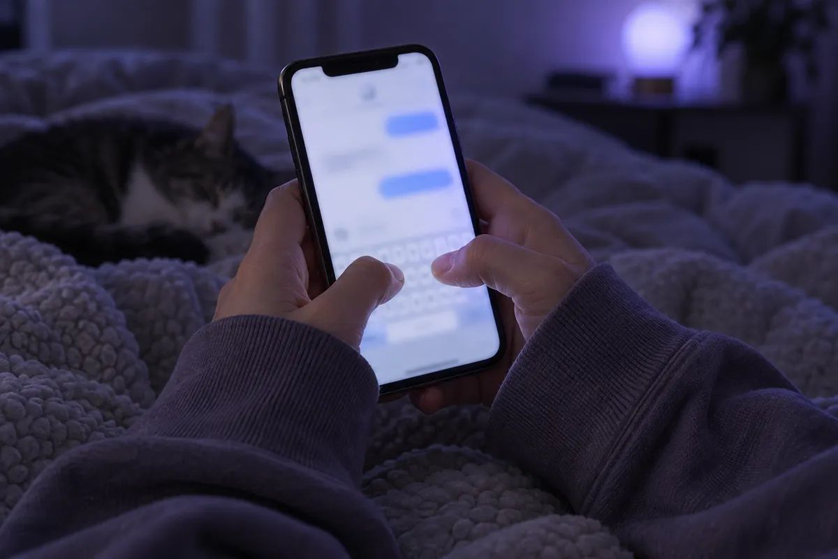 Tangan menaip di phone dalam bilik gelap waktu malam