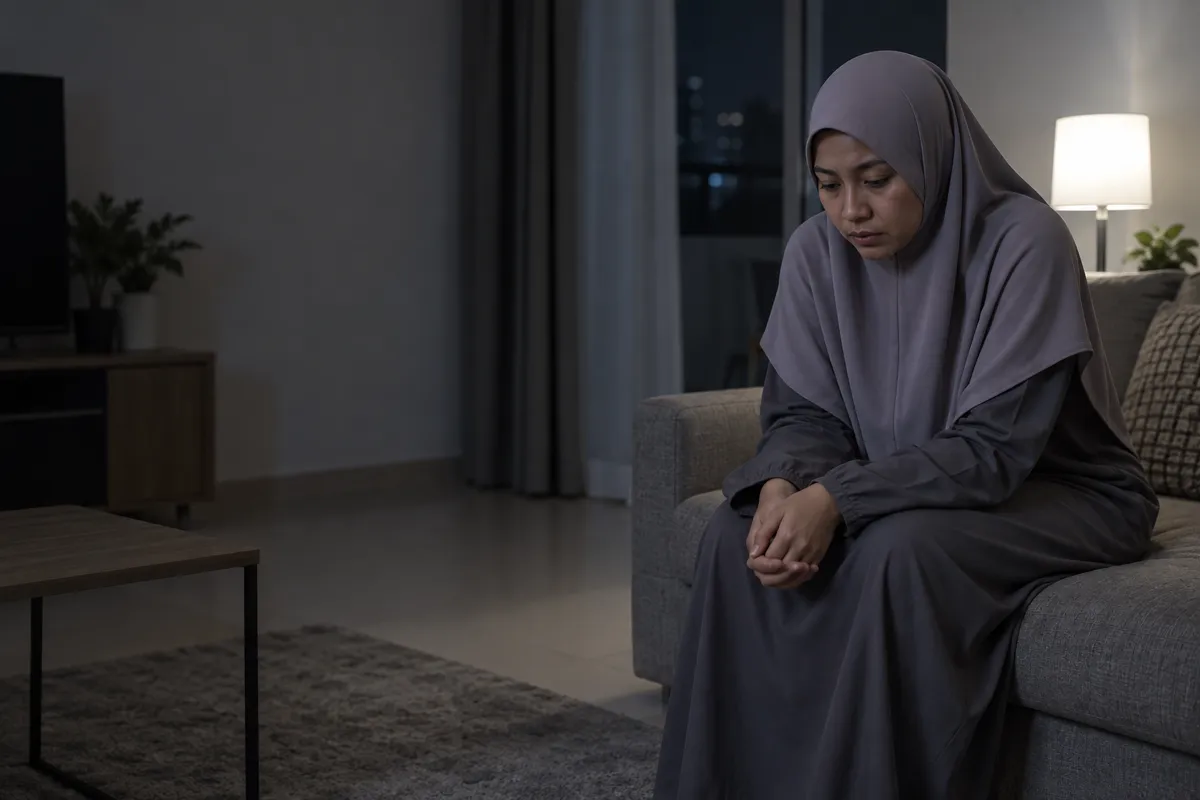 Perempuan bertudung duduk sorang di sofa waktu malam, termenung