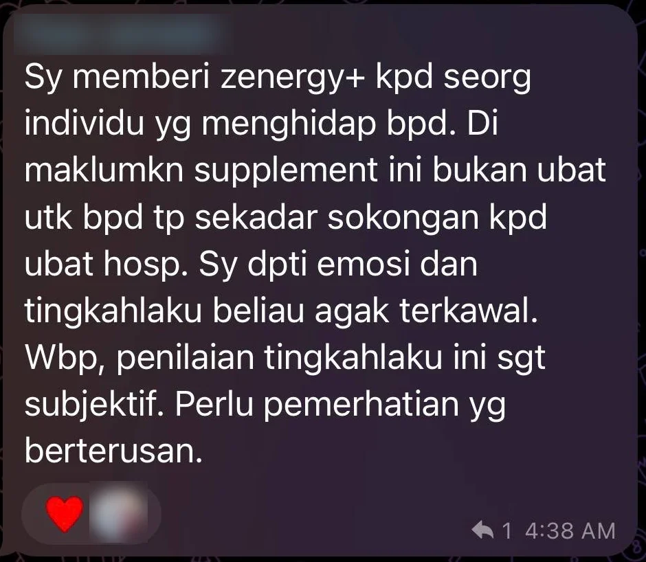 Screenshot mesej: individu yang ada bipolar, emosi dan tingkahlaku beliau agak terkawal
